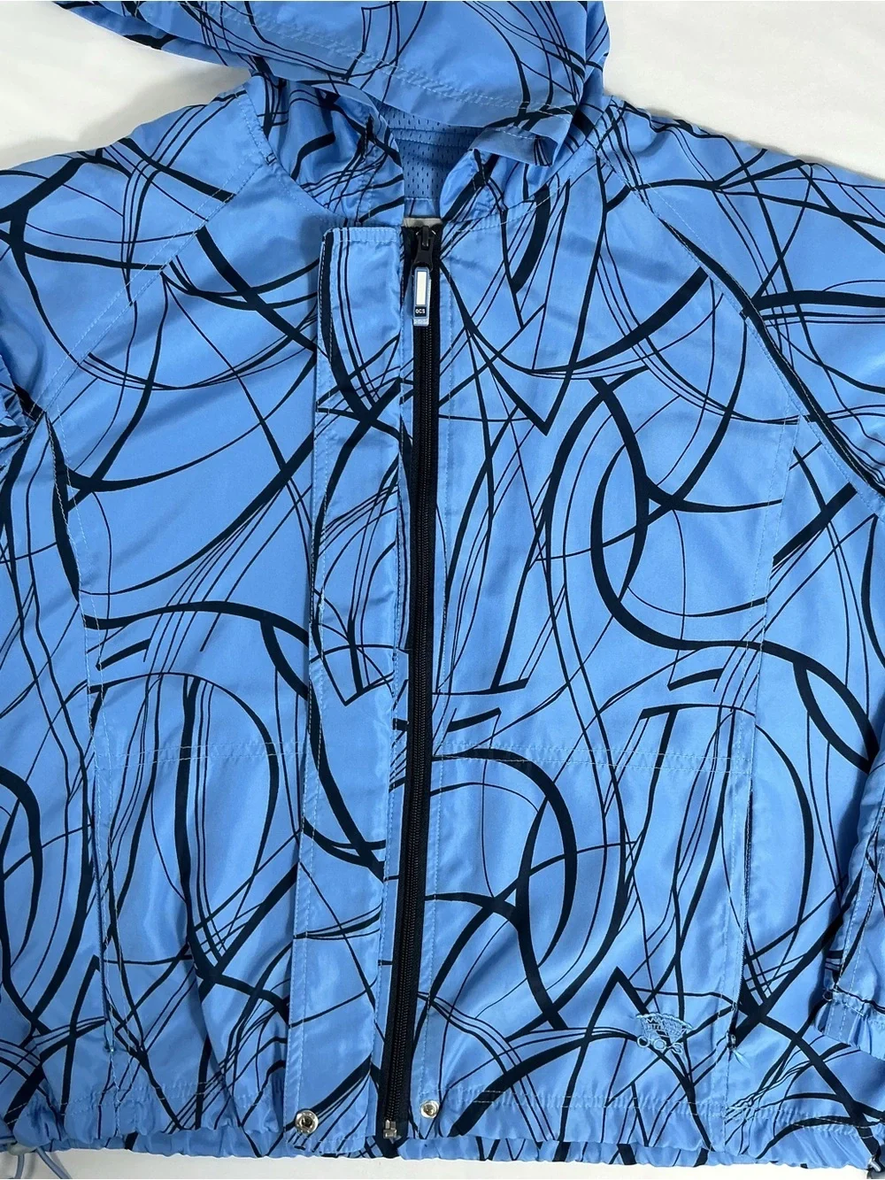 Oleg Cassini Blue Hooded Bomber with Black Abstract Lines